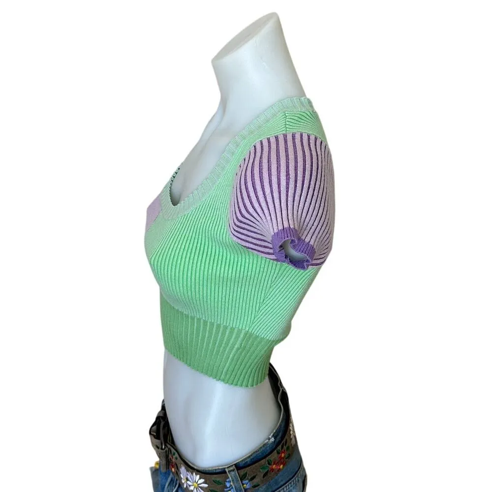 Pastel Crop Knit Top SMALL Short Sleeve Spring Bodycon Preppy Purple Green Y2K - Image 2