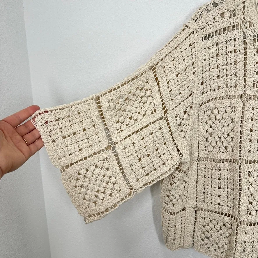 LIV LOS ANGELES Cream Patchwork Crochet Knit Open Front Cardigan Sweater Tan Size 1X - Image 4