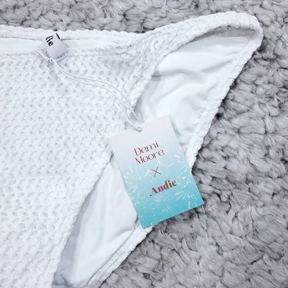 Andie Swim X Demi Moore Tropez Bikini Bottom White Crochet Textured Size Large - Image 4