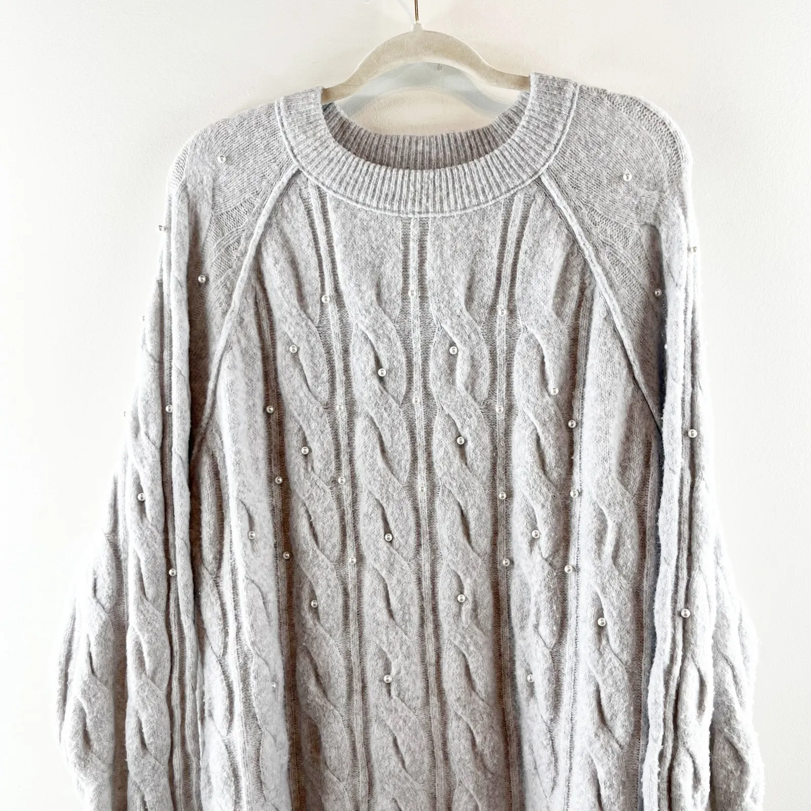 Aerie unReal Crewneck Long Sleeve Cable Pearl Detail Sweater Gray Small - Image 5