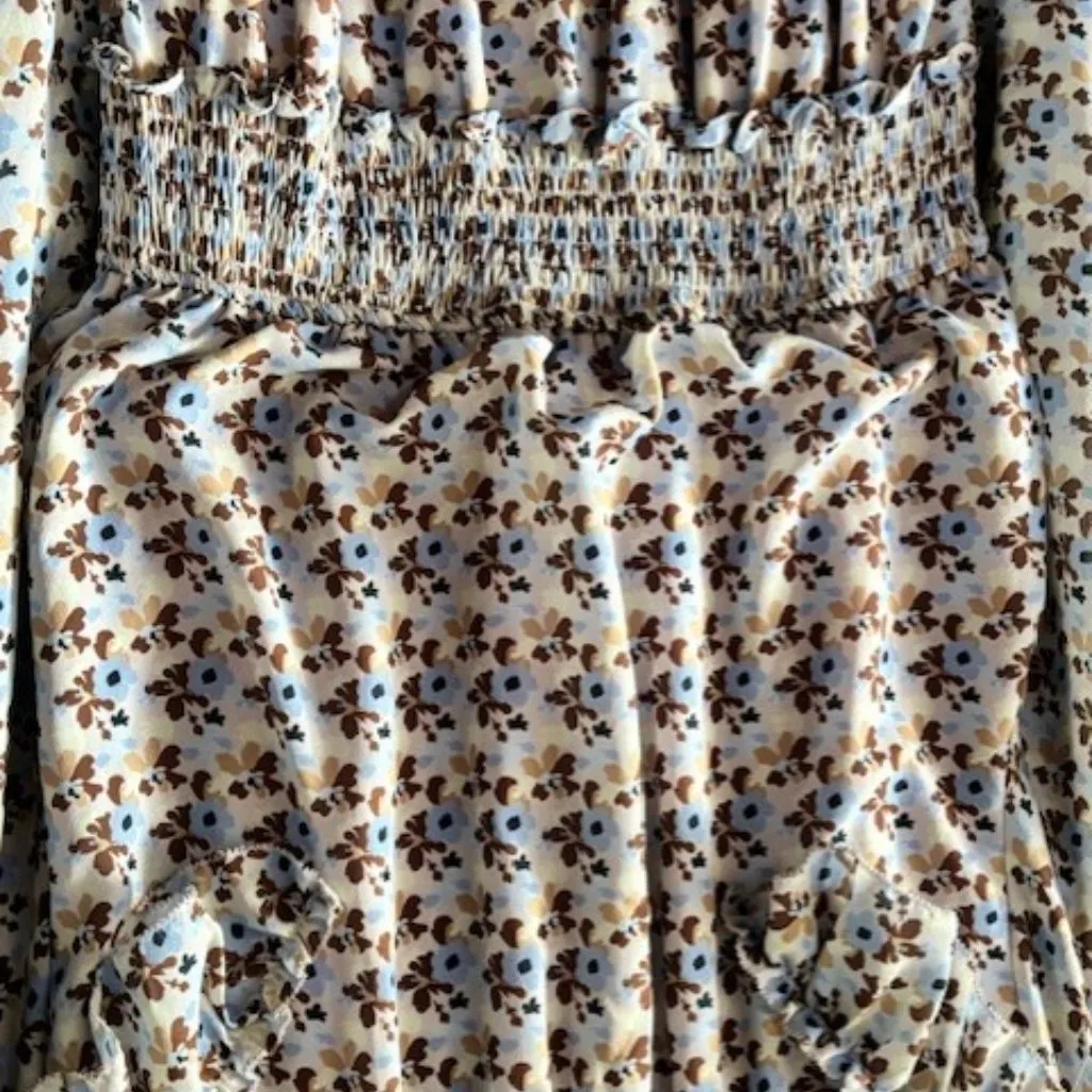 Kori Dress L Blue Brown Floral Puff Sleeve Smocked Cottagecore Boho Prairie - Image 9