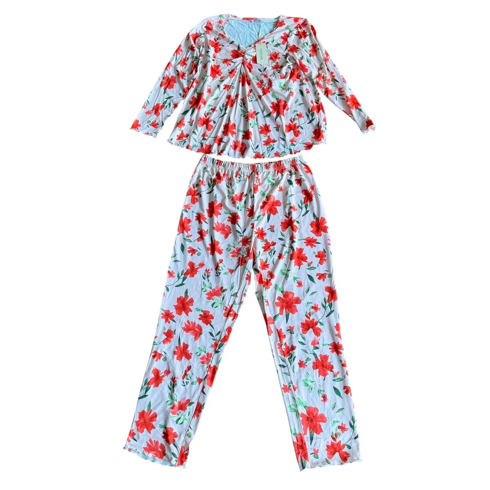 Ekouaer Women's L Floral Pajama Set Long Sleeve Top & Pants Loungewear - Image 2