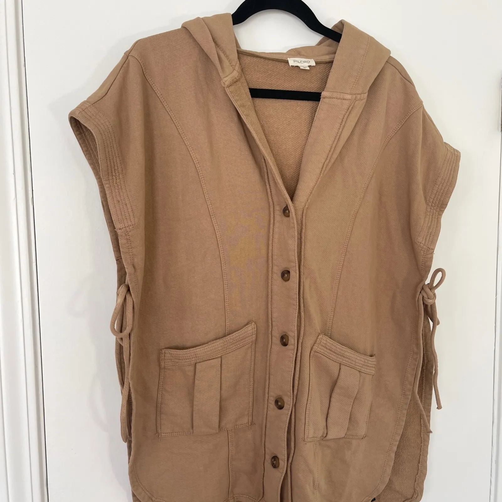 Anthropologie Pilcro Tan Sleeveless Hooded Vest Button Tie Sides Poncho XXS/XS‎ - Image 5
