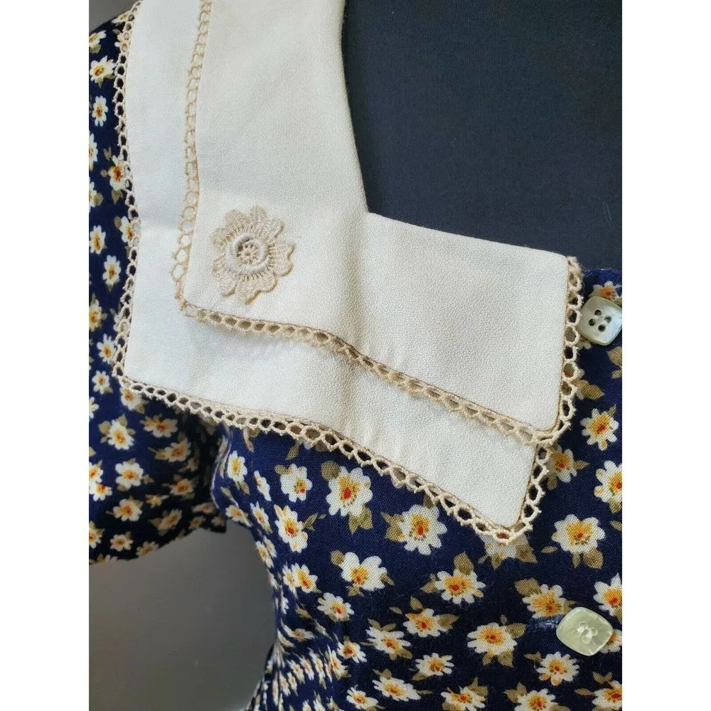 Vintage Perceptions Blue Floral Square Neck Short Sleeve Long Maxi Dress Size 6 - Image 5