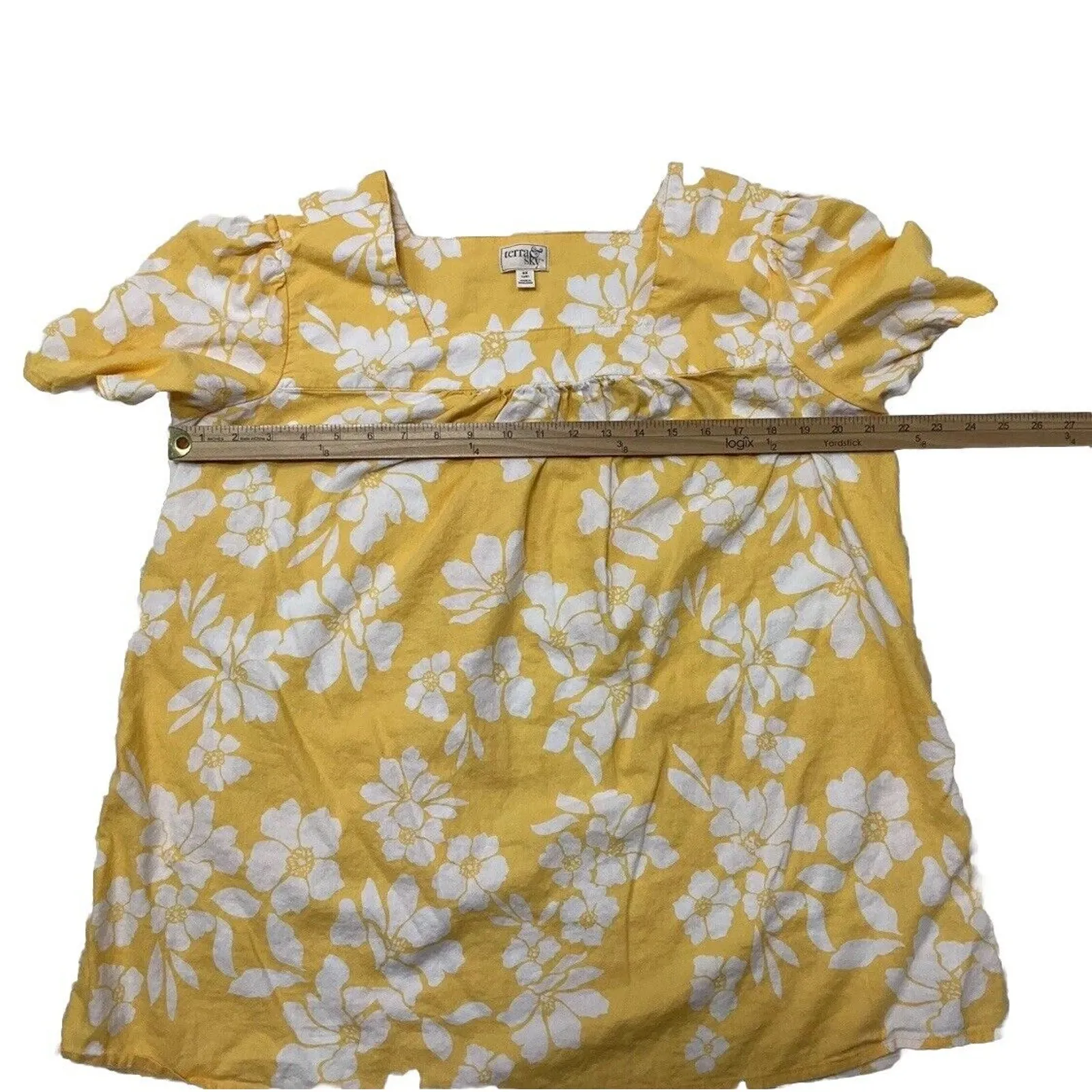 Terra & Sky Womens Size 0X‎ (14W) Yellow White Floral Print Short Sleeve Shirt - Image 3