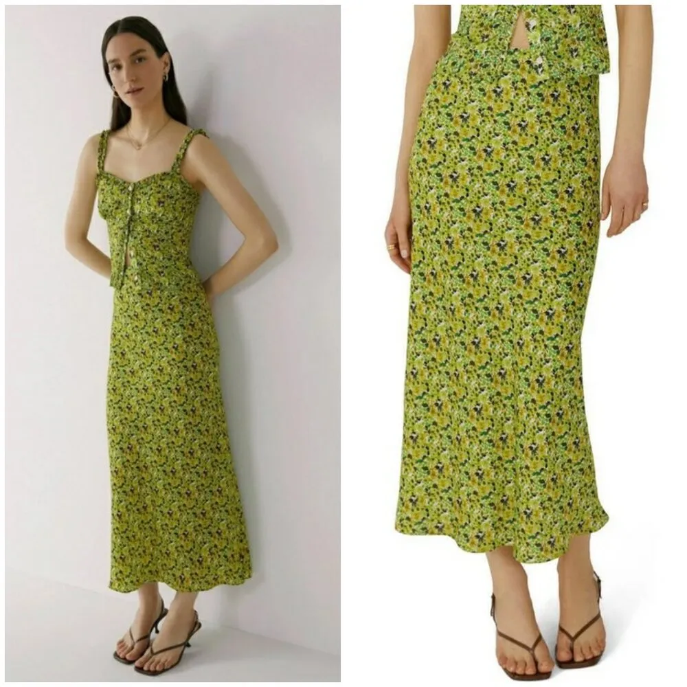 💕FAVORITE DAUGHTER💕 The Gwen Satin Midi Skirt ~ Green Floral Print XL NWOT - Image 10