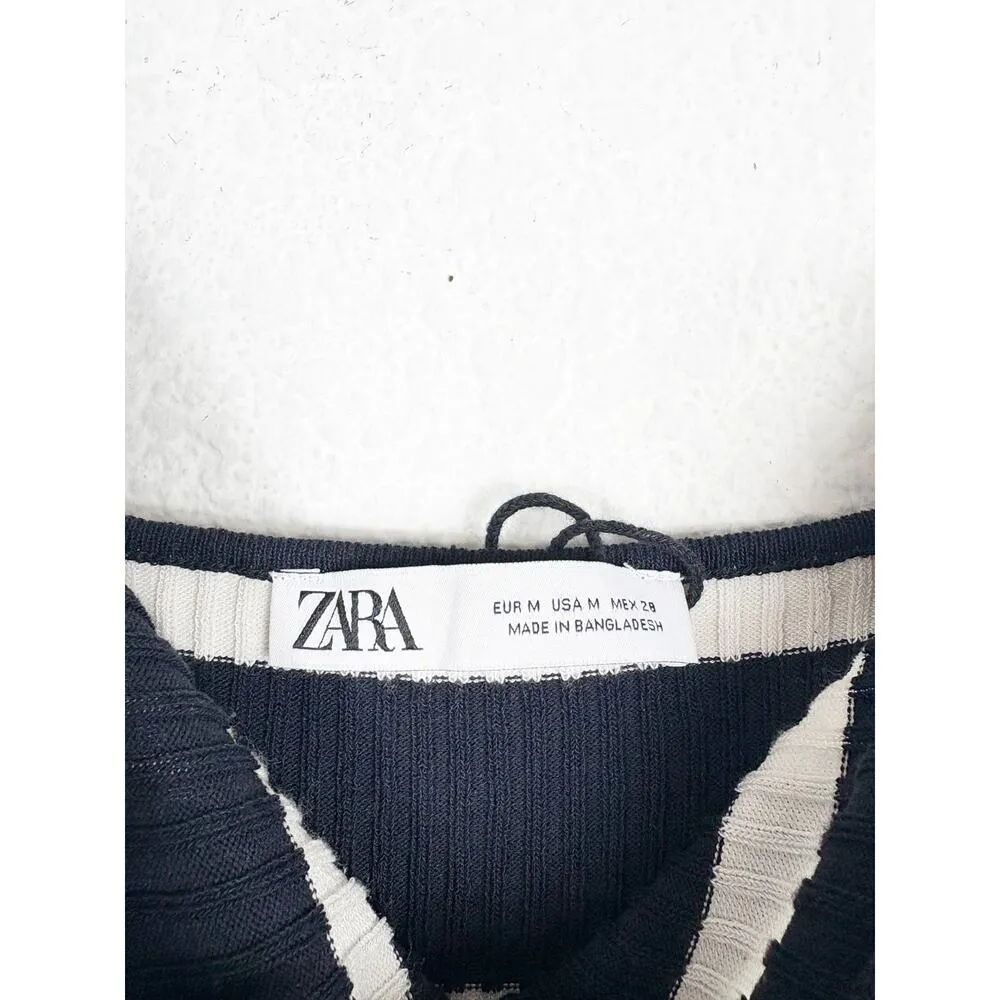 Zara Navy Striped Square-Neck Maxi Dress Medium Ribbed Knit Stretch Minimalist - Image 5