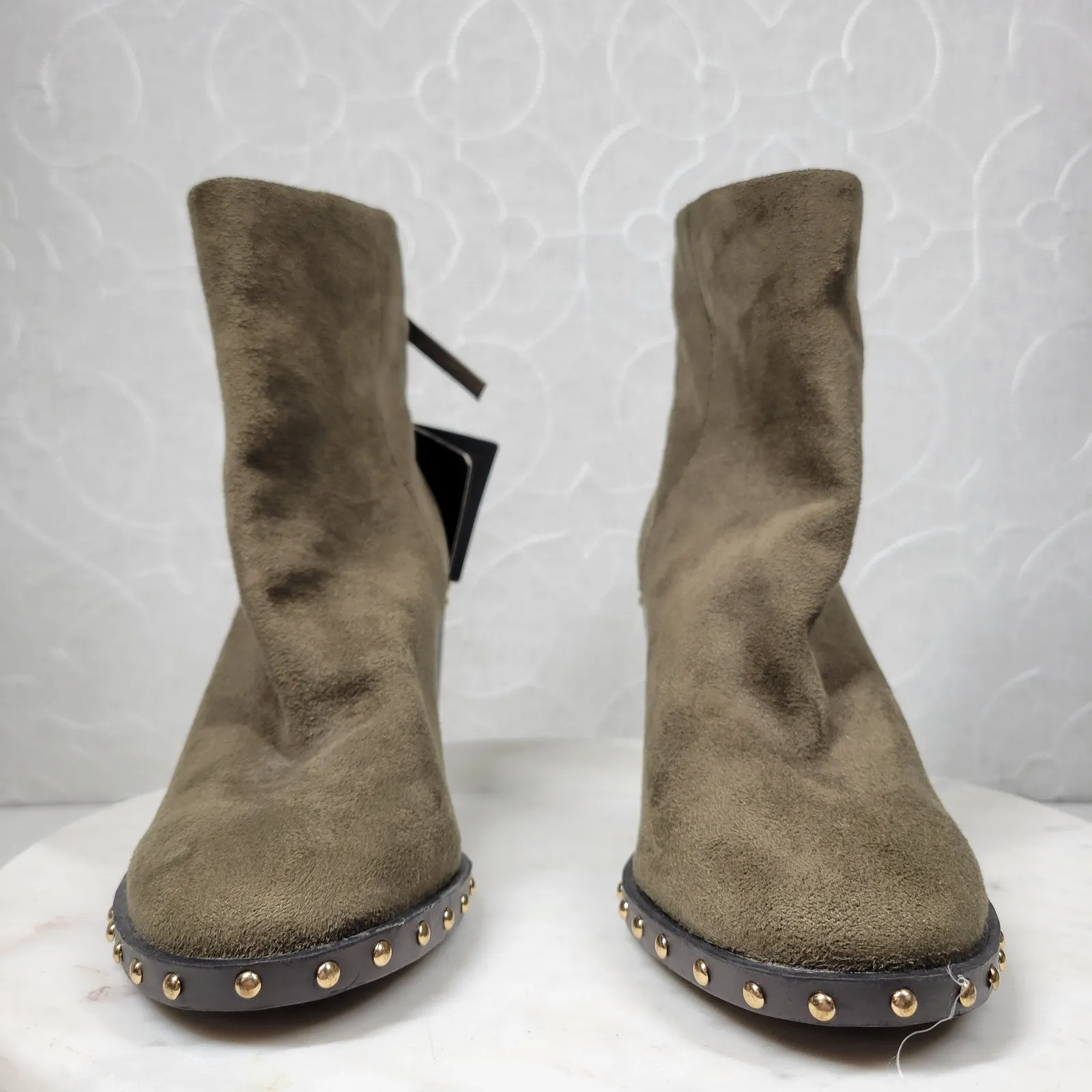 Forever 21 Suede Boots Womens 7 Green Leather Gold‎ Rivets Block Heel Zipper New - Image 12