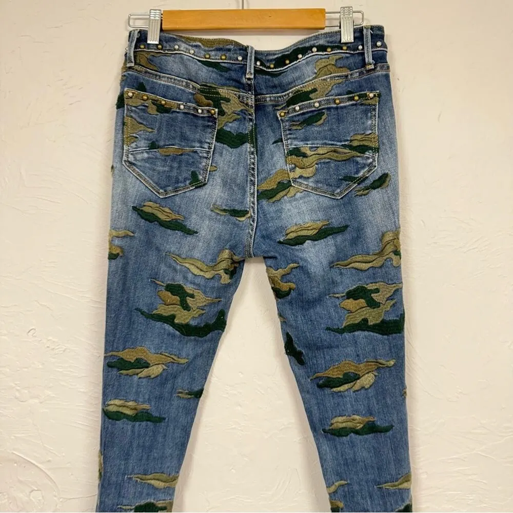 Driftwood High Rise Camo Embroidered Studded Raw Hem Blue Jeans Womens 28 Jackie - Image 7