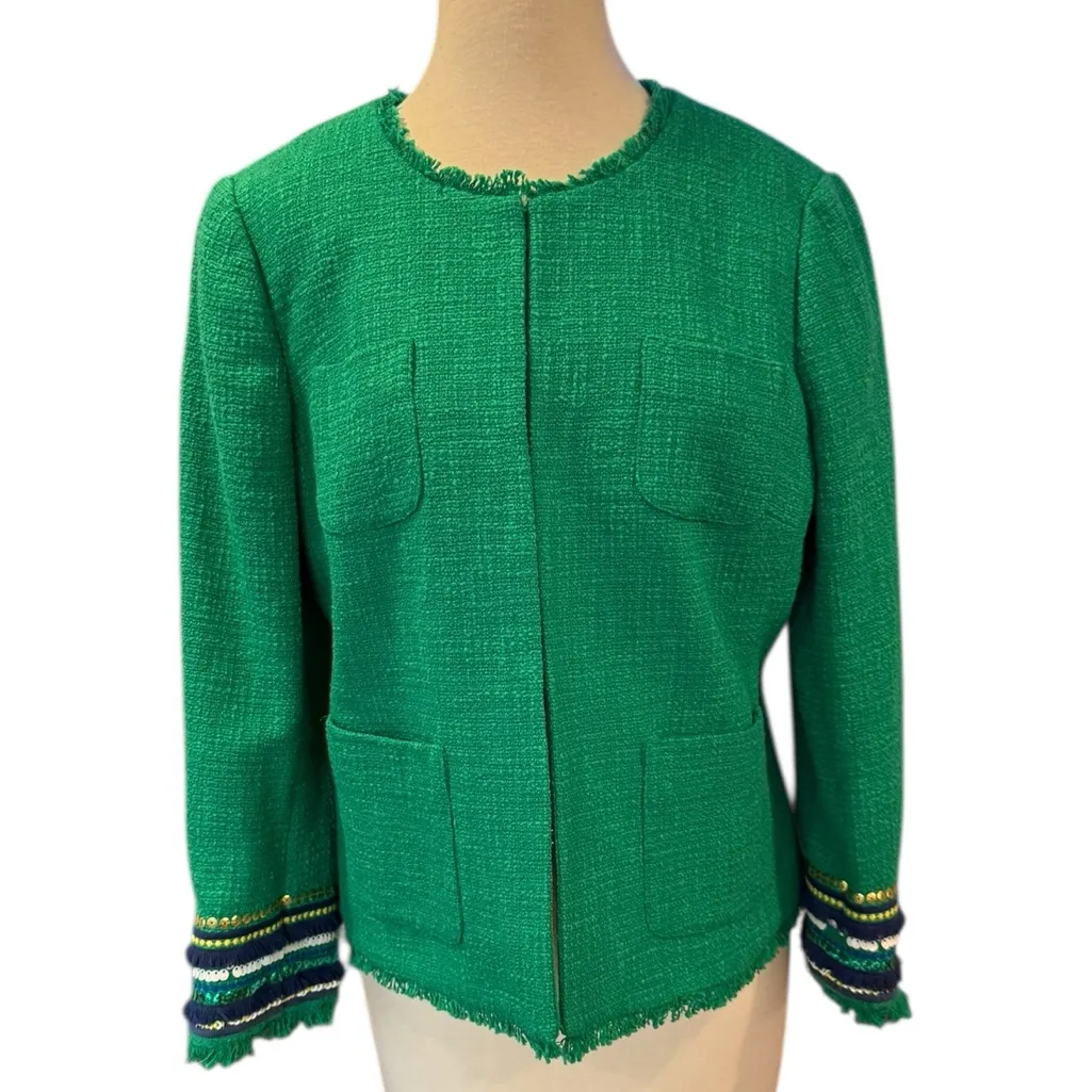 Talbots Kelly Green Tweed Sequin Cuff Jacket Size 10 - Image 2