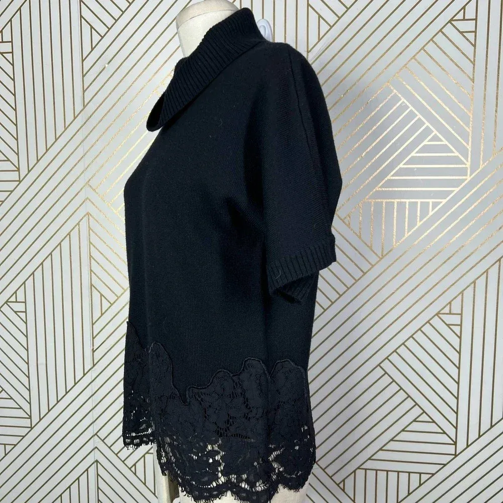 Ramy Brook‎ Black Crochet Lace Hem Wool Turtleneck Sweater Size US Medium - Image 5
