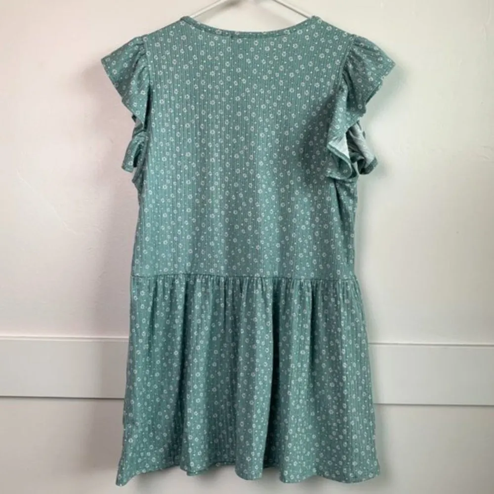 Unicorn Tribe Turquoise Flowered Ribbed Mini Dress Blue - Image 2