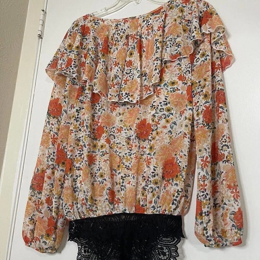 FREE PEOPLE intimates Say it to Me Orange floral ruffle boho bodysuit size XS - Image 7
