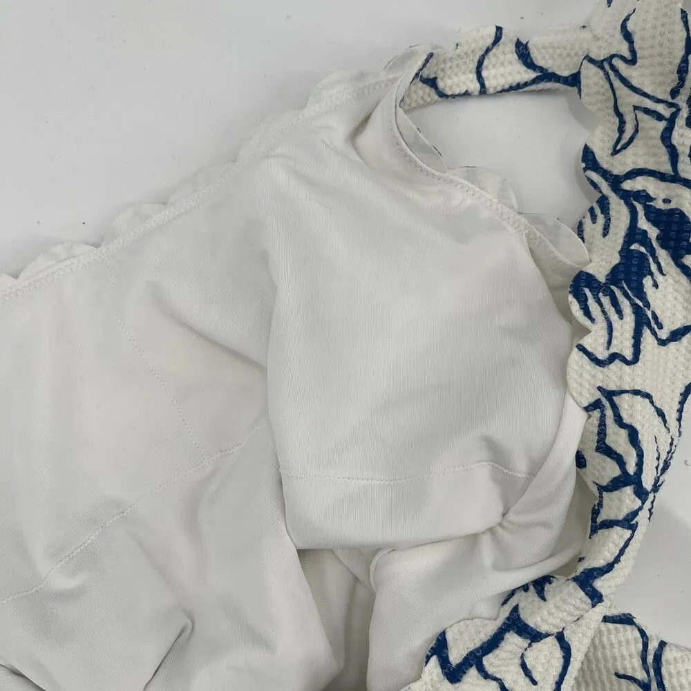 AERIE Swimsuit Medium One Piece Full Coverage White Blue Floral Unlined No Cups - Image 7