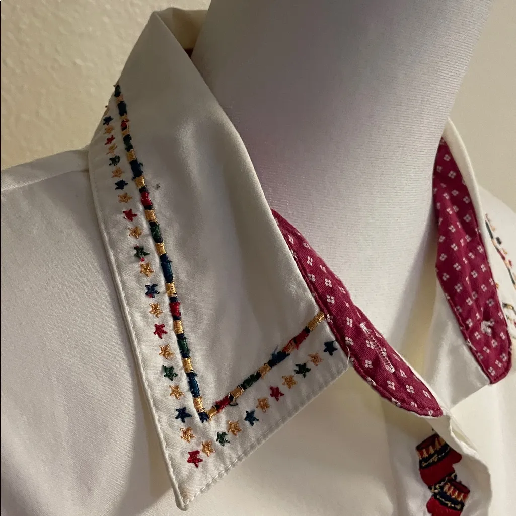 Vintage Karen Scott Blouse with Embroidered Christmas Stockings & Shoulder Pads Red Size L - Image 6