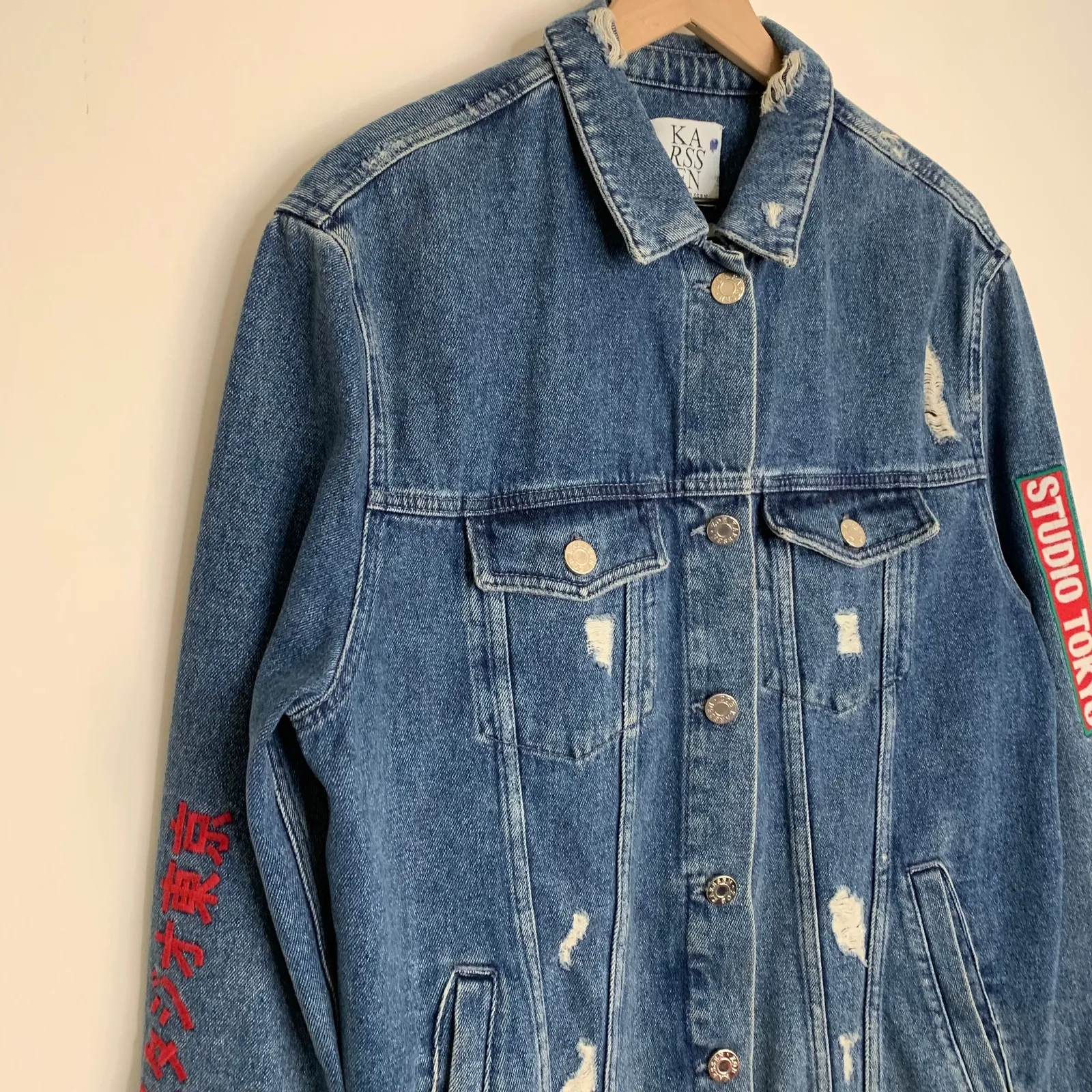 Zoe Karssen Jeans Jacket Patch Graphic Denim Womens Distress Large Blue - Image 4