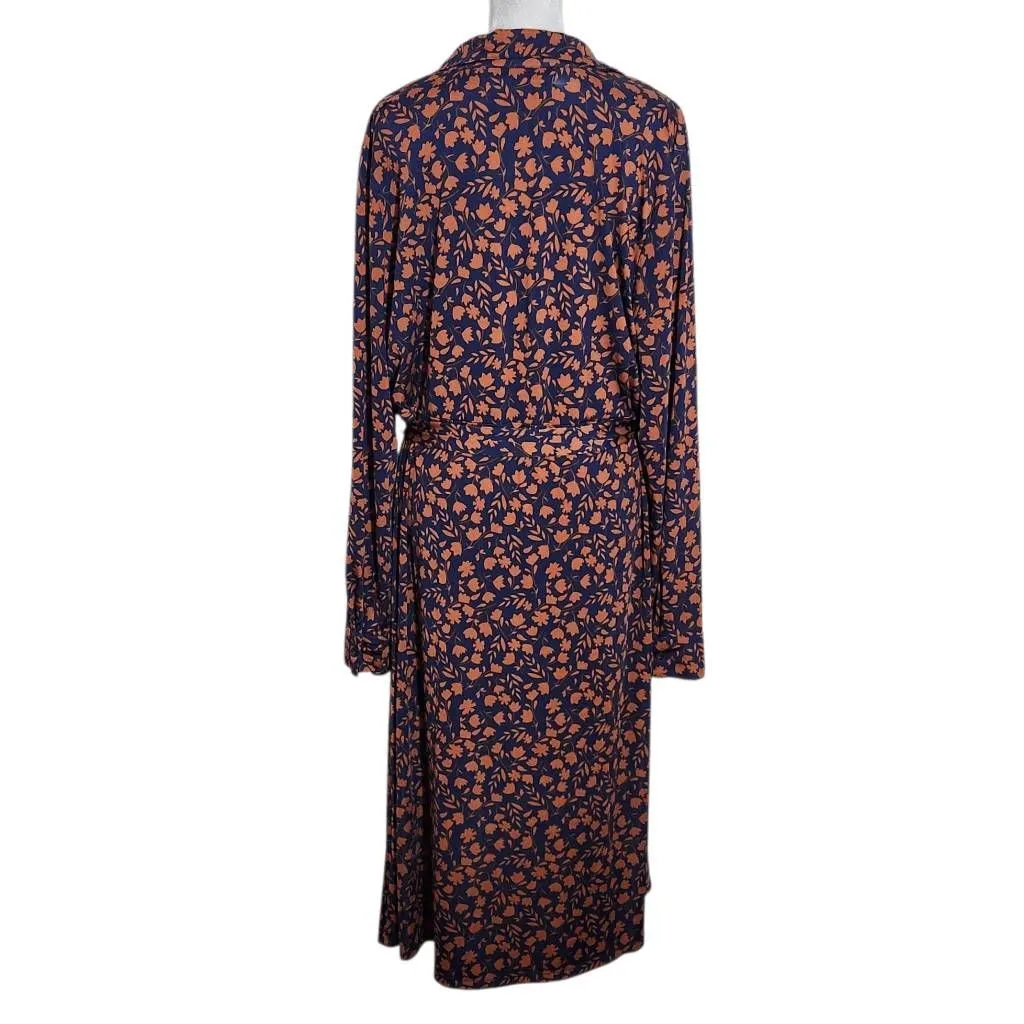 Eloquii Navy and Brown Floral Print Shirt Dress Size 20 Navy Tie-Waist Dress - Image 2