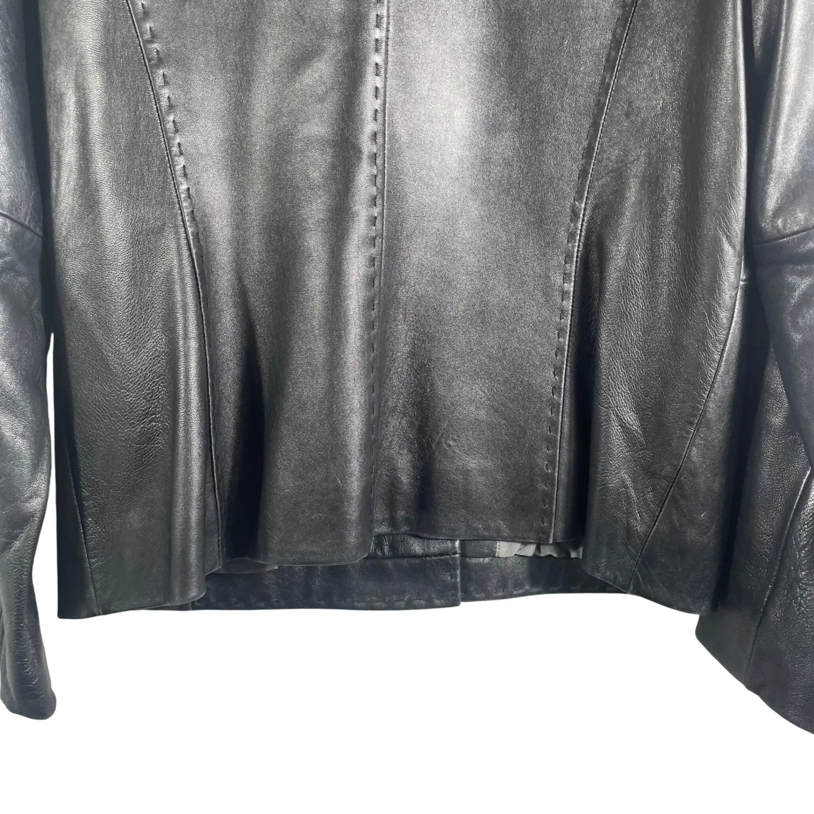 Q.U.E Genuine Lambskin Leather Blazer Jacket Black Size L Lined Button‎ Front Size L - Image 12