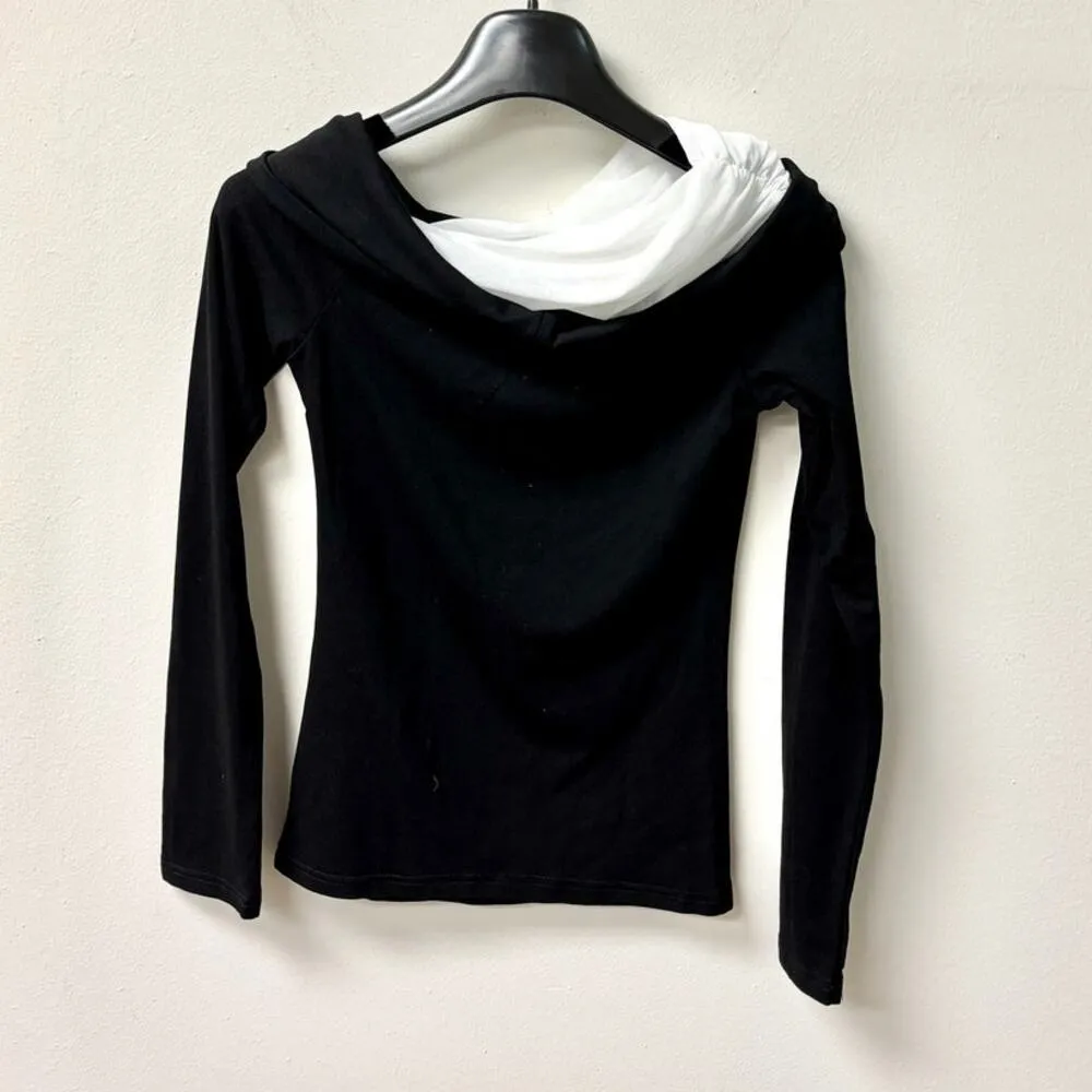 Commense Asymmetric Off Shoulder Long Sleeve Mesh Top Black Women's Size S - Image 4