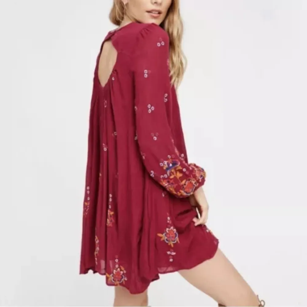 Free People Oxford embroidered mini tunic dress in burgundy, keyhole back, S - Image 3