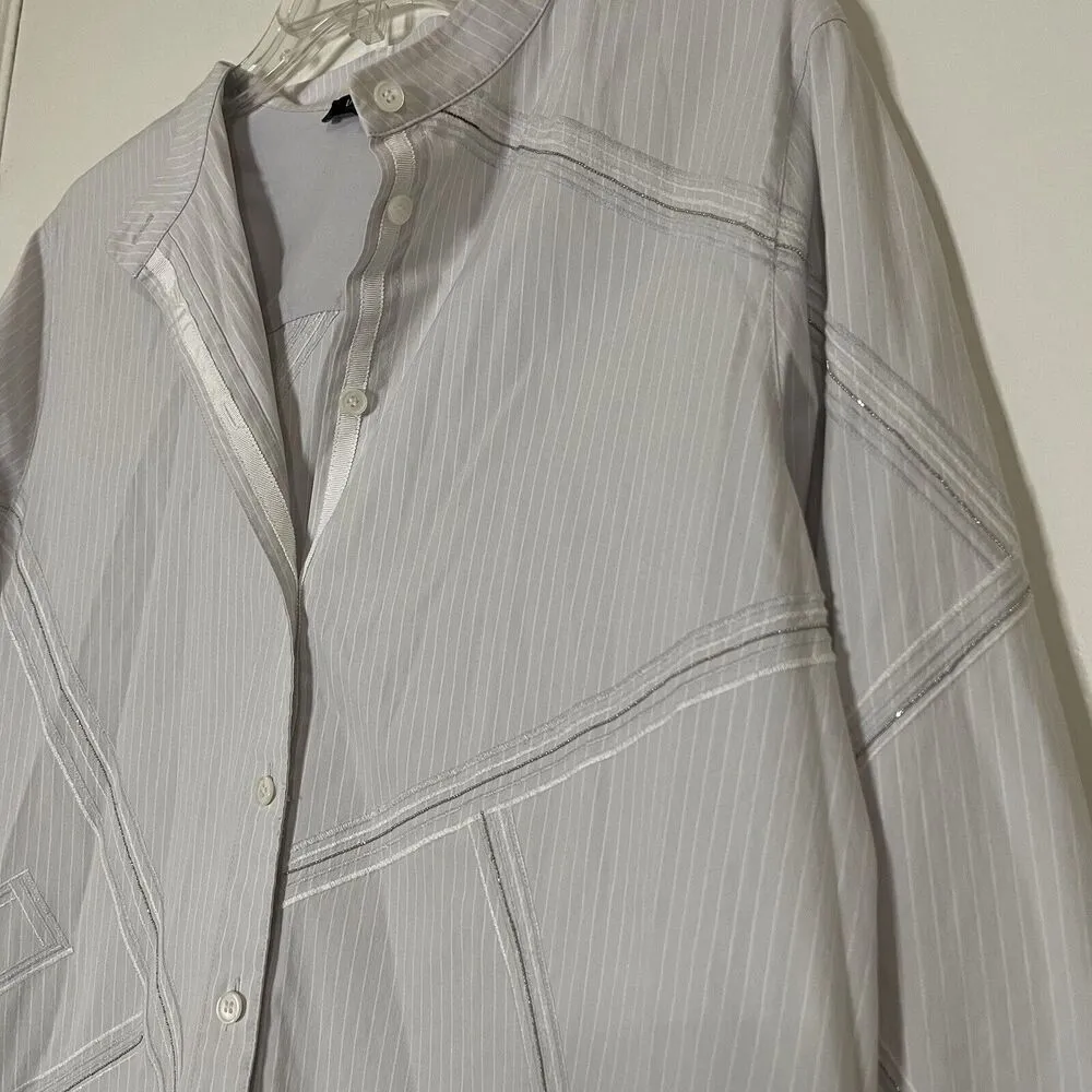 LAFAYETTE 148 new york gray stripe diamond button down cotton blouse medium Gray - Image 2