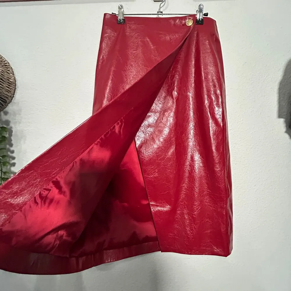 NEW J.Crew Collection Wrap Midi Skirt Faux Patent Leather Sangria Red Size 0 XS - Image 9