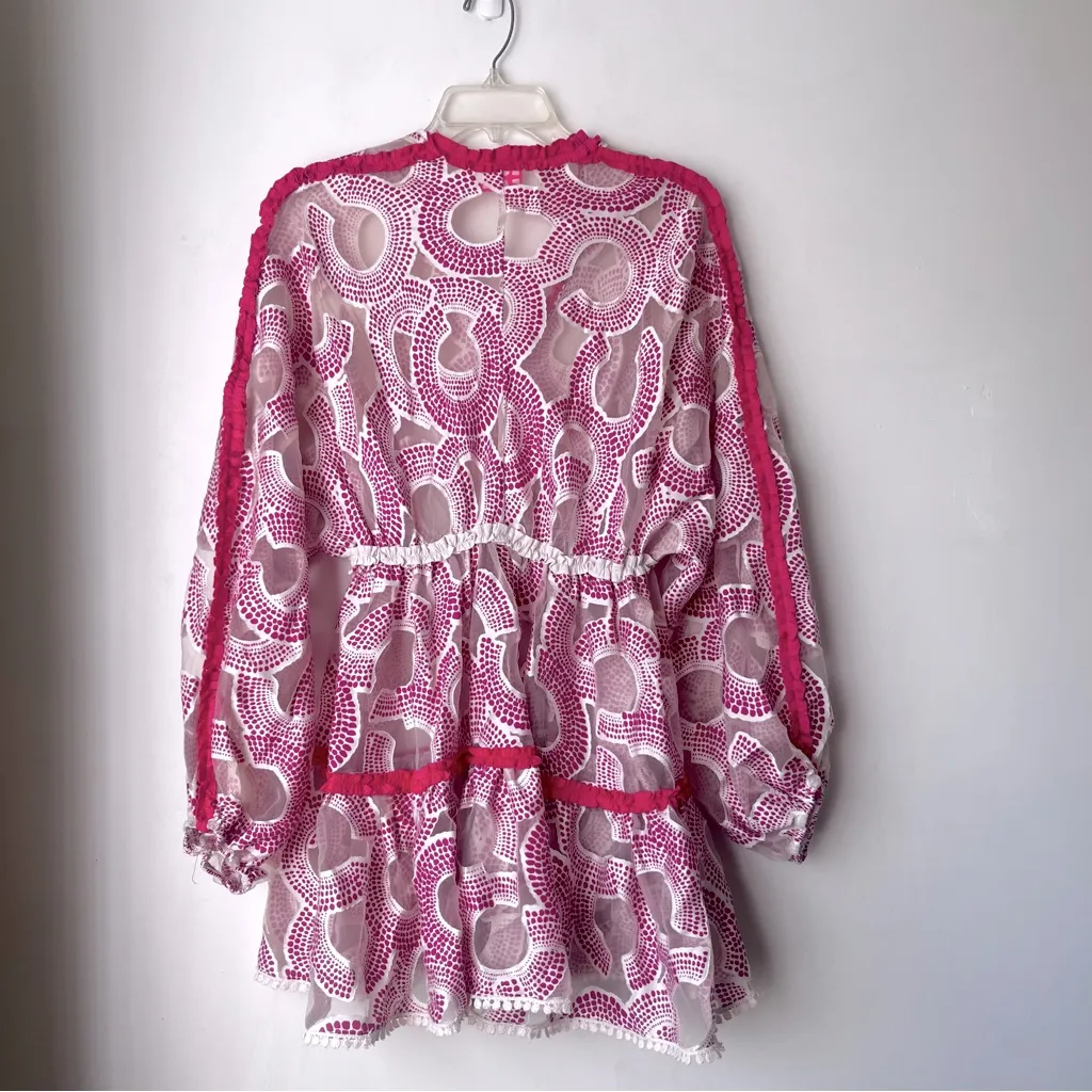 Boo Pala Ila Pink White Sheer Dotted Long Sleeve Mini Dress M Size M - Image 7