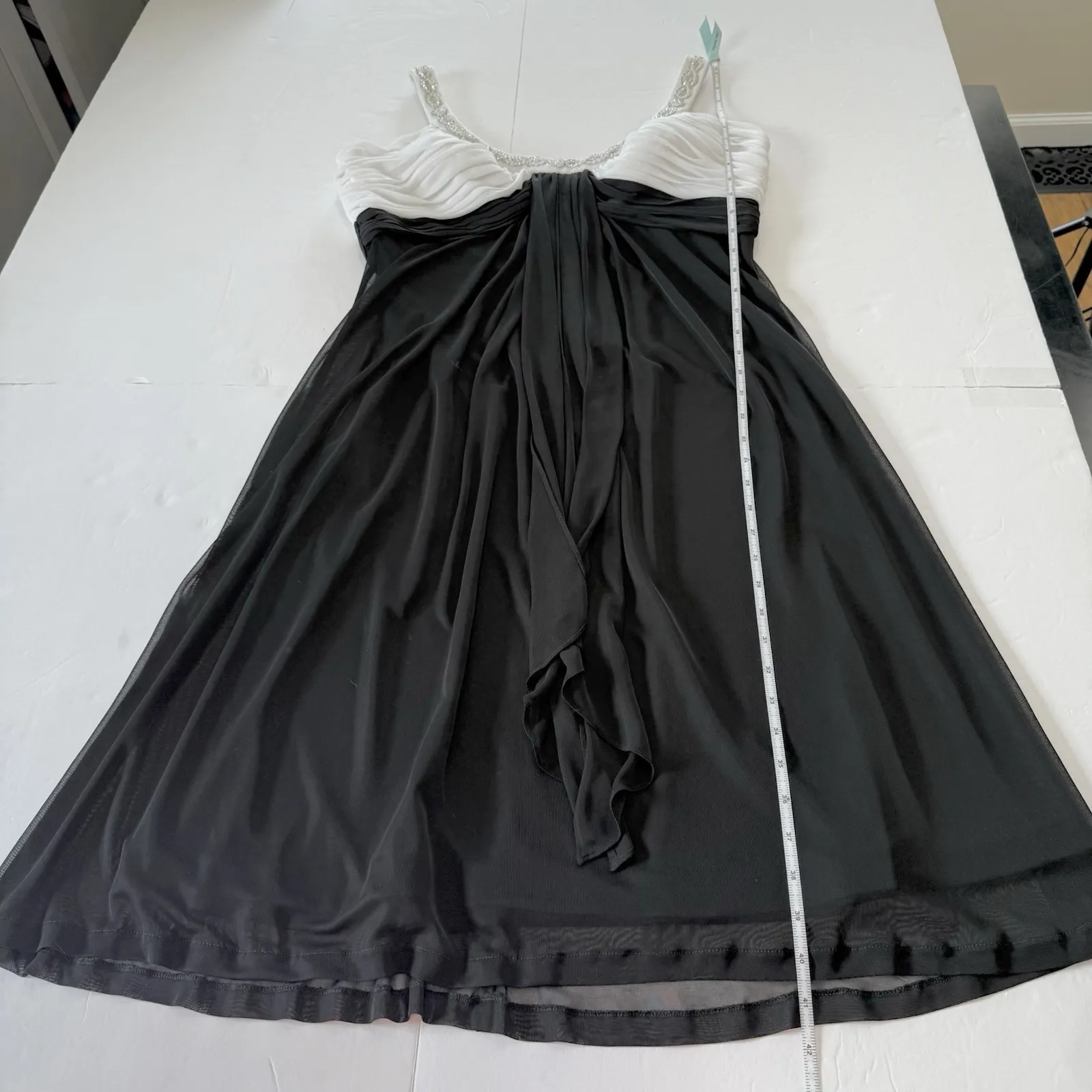 Alex Evening Black White Ruched Chiffon Beaded Sleeveless Cocktail Dress Size 14 - Image 9