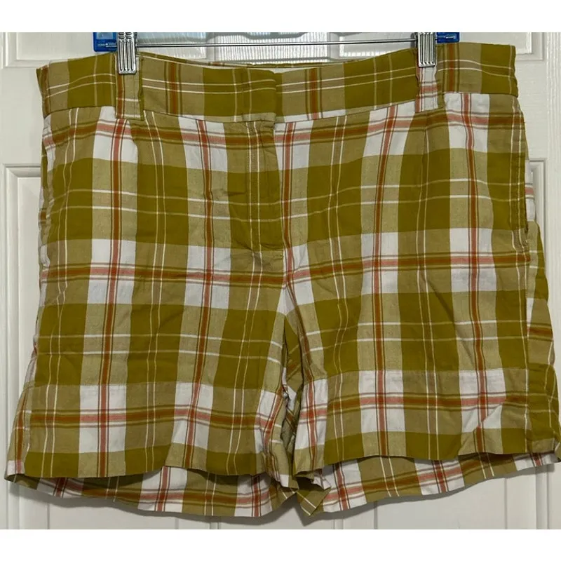 J. Crew Women's Green Pink White Plaid City Fit Side/Back Pockets Shorts Size 14 - Image 5