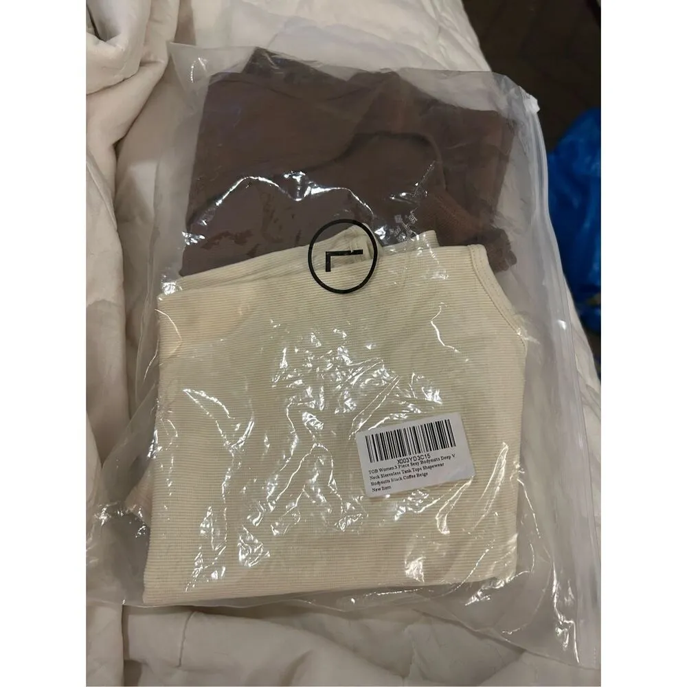 NEW 2 Pc Ribbed Deep V Neck Tummy Control Tank Top Bodysuits L Brown Size L - Image 4