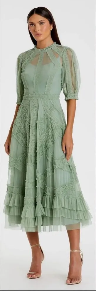 MAC DUGGAL 8058 Green High Neck Micro Ruffle Tiered Midi Dress - Image 2