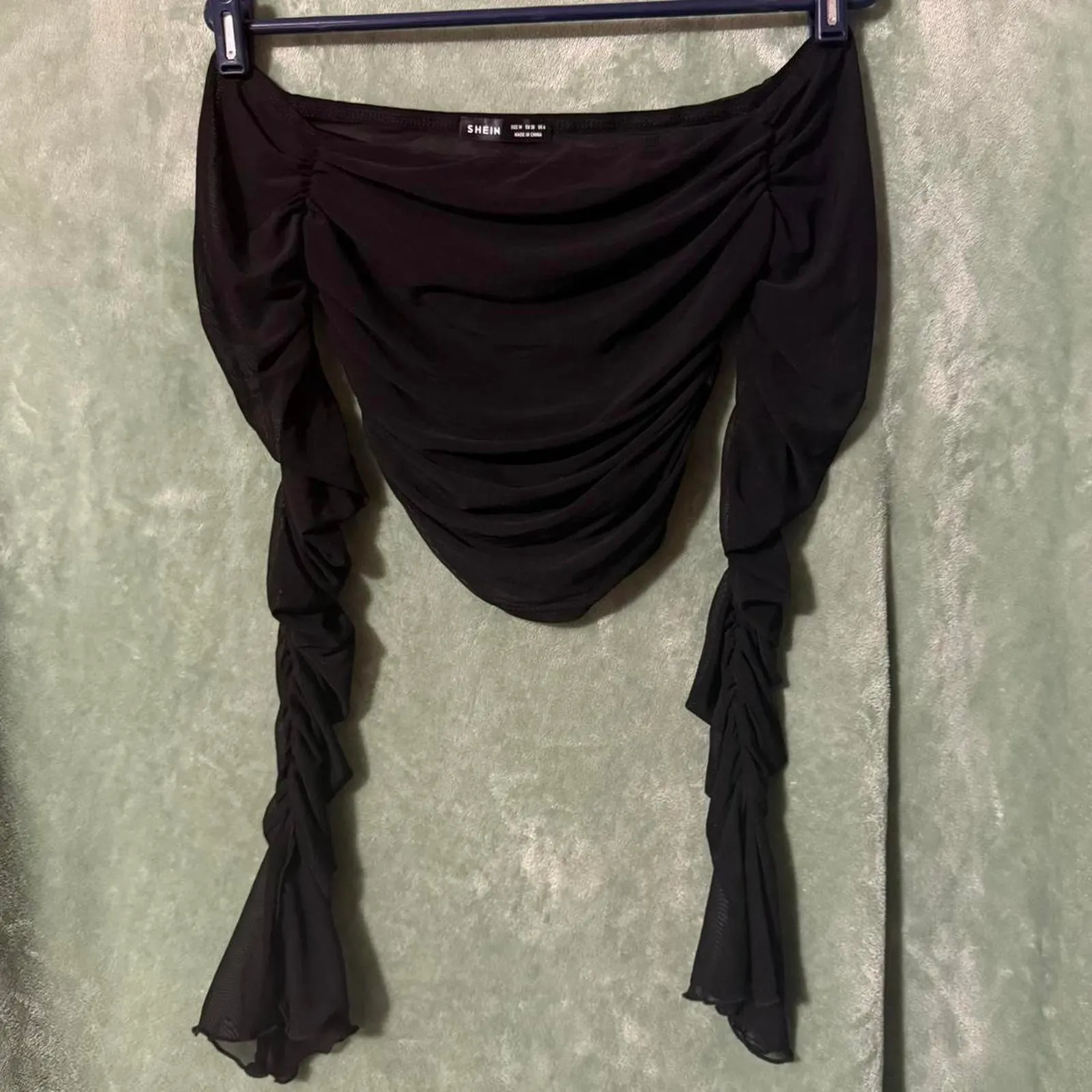 SHEIN Sheer Black Ruched Mesh Off Shoulder Top -M - Image 2