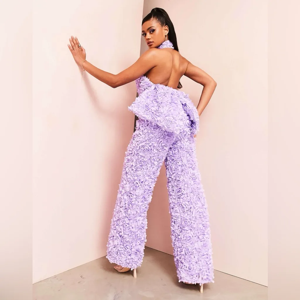 ASOS LUXE 3D floral open back jumpsuit in lilac 4 - Image 3