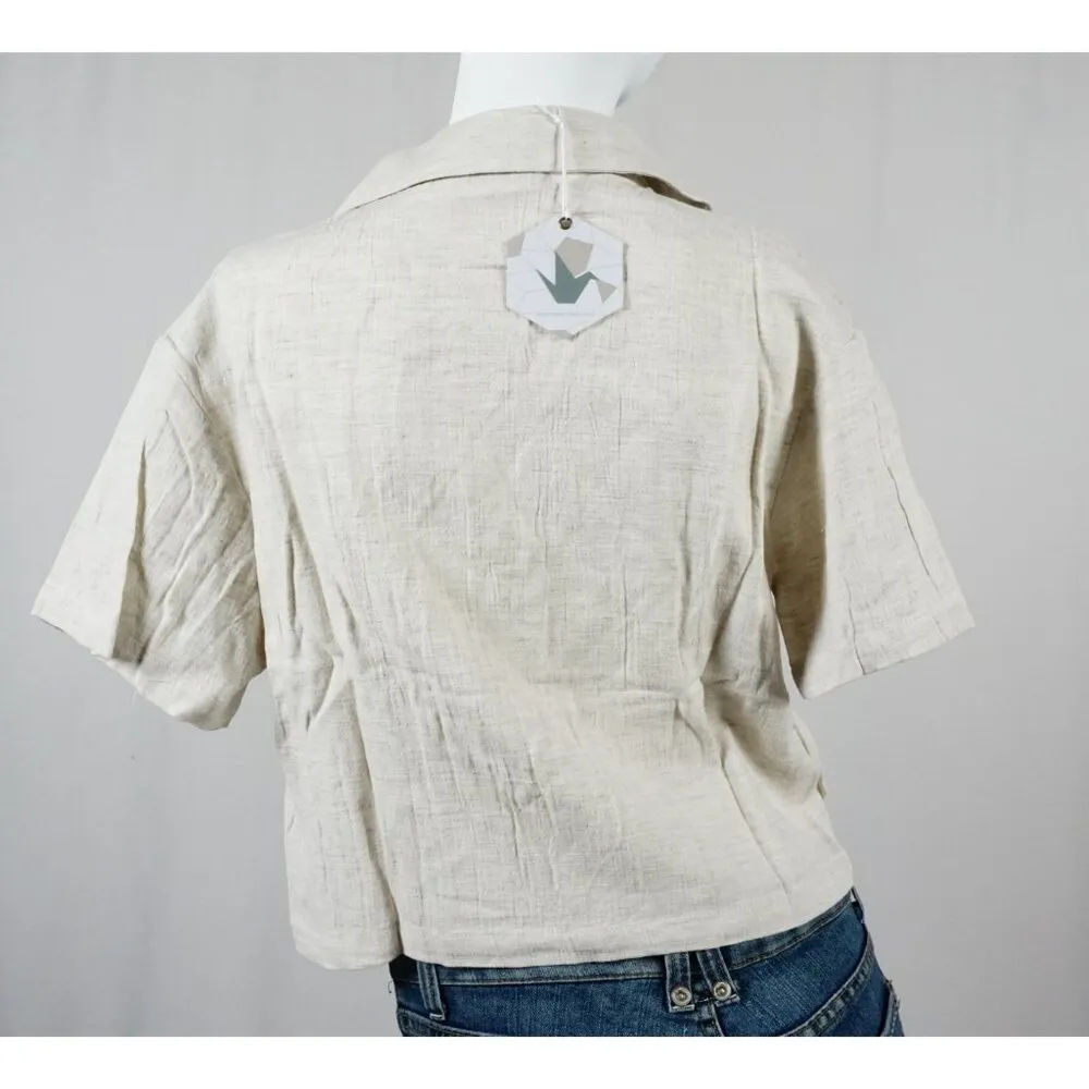Paper Crane Biege Cream Linen Collared Button-up Crop Blouse Shirt Woman's SMALL - Image 5