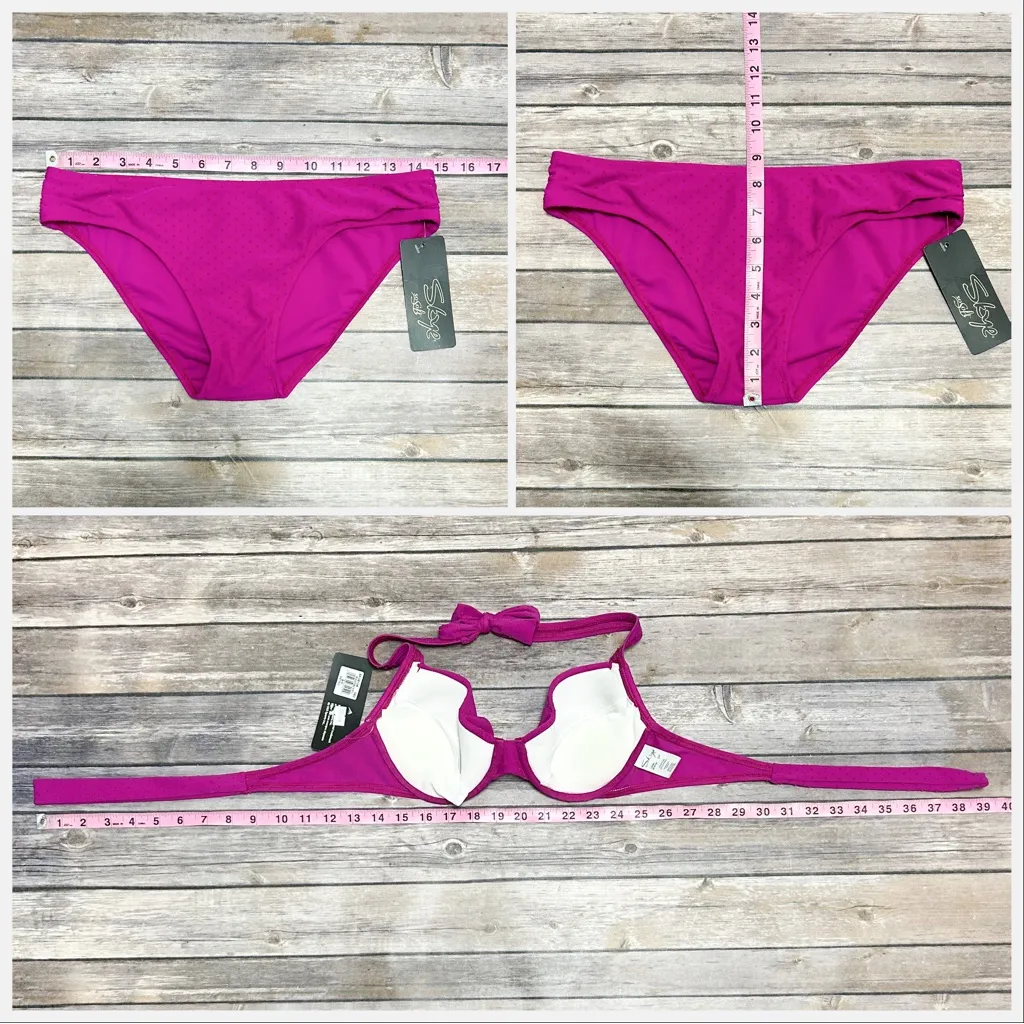 Skye Raspberry Purple Velveteen Polka Dot Push Up Halter Shirred Hipster Bikini - Image 11