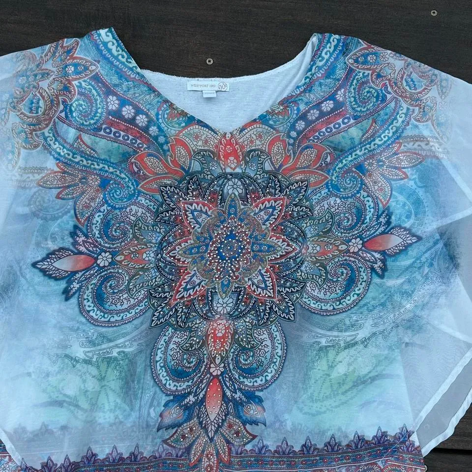 White/Multi-Colored Westport 1962 Boho Rhinestone Chiffon Layering Angel Top - Image 2