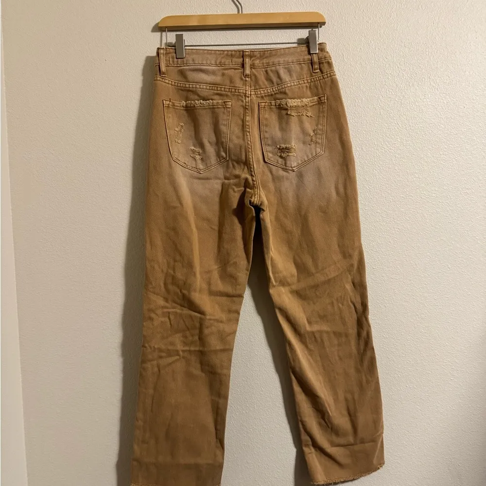 Distressed Tan Wide Leg Jeans - Image 3