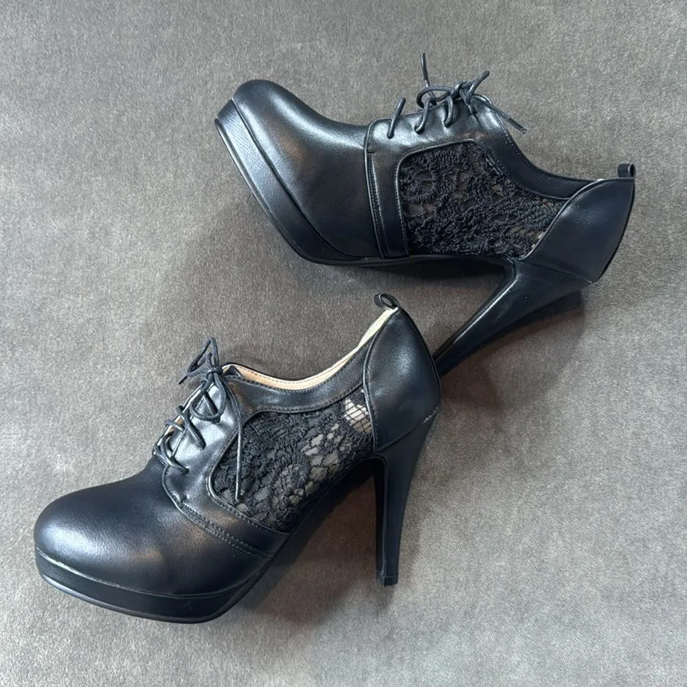 Women’s Black High Heel Lace Up Booties with Lace Detail EU40 Size 9/9.5 US NEW Black - Image 3