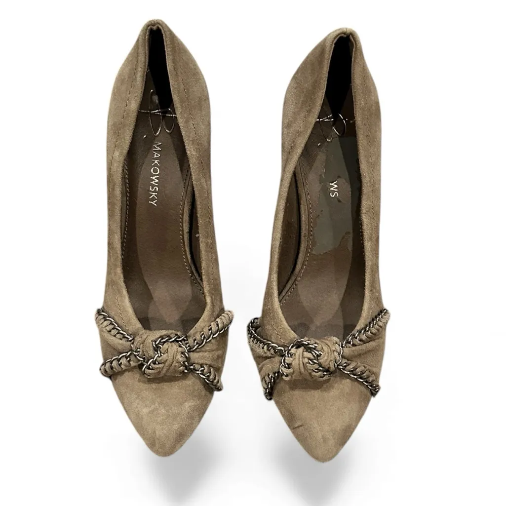 B. Makowsky Karly Taupe Gray Suede Leather Heels Chain Detail Pointed Shoes 6.5 - Image 2