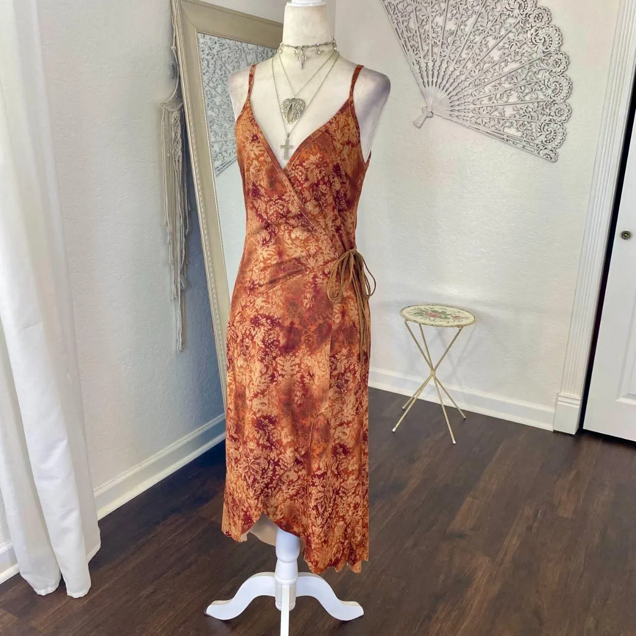 Bebe Orange Red Early 2000's Whimsygoth Bohemian Asymmetric Wrap Dress S - Image 3