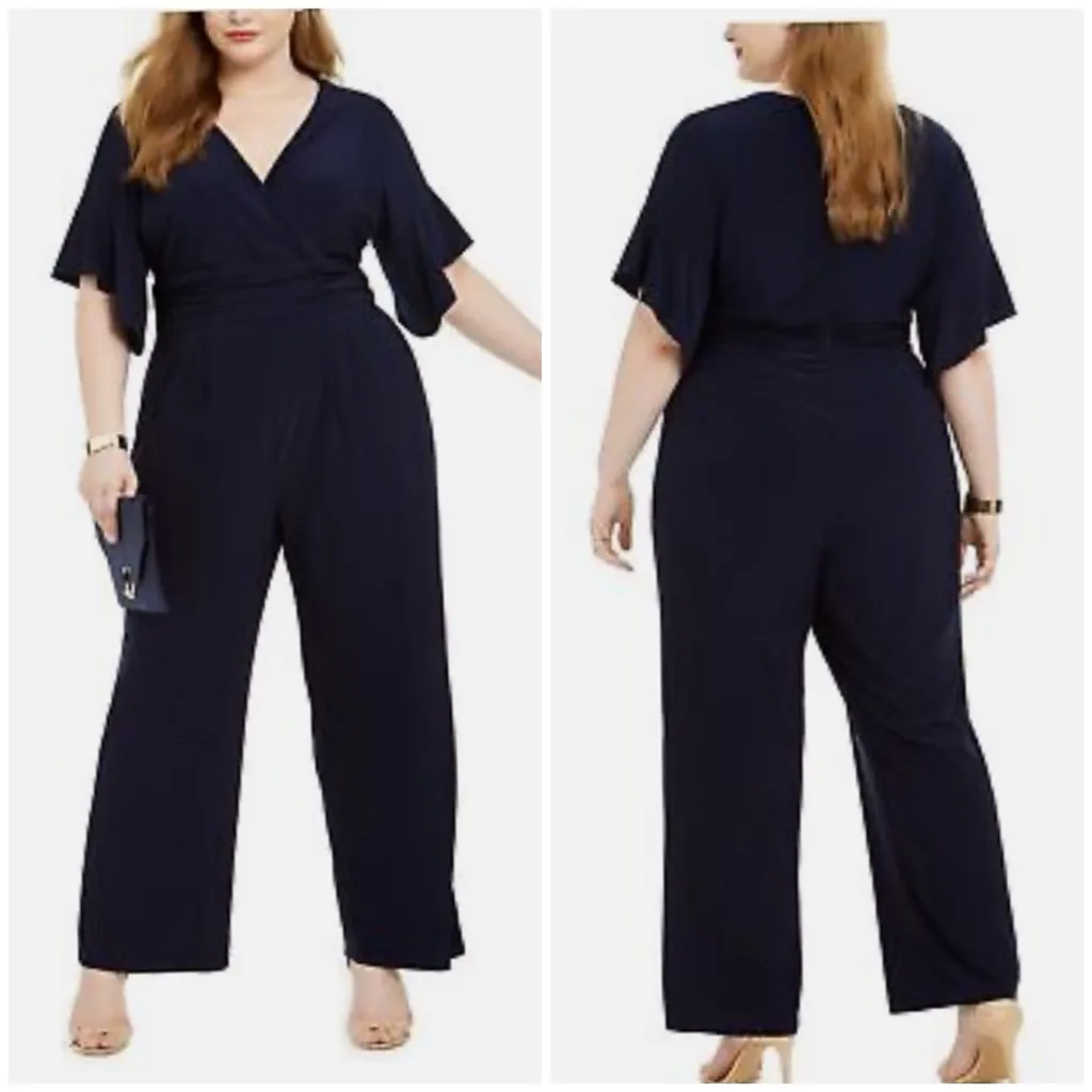 Jessica Howard Plus Size Navy Surplice Ruched Jersey Jumpsuit in 2X - Image 2