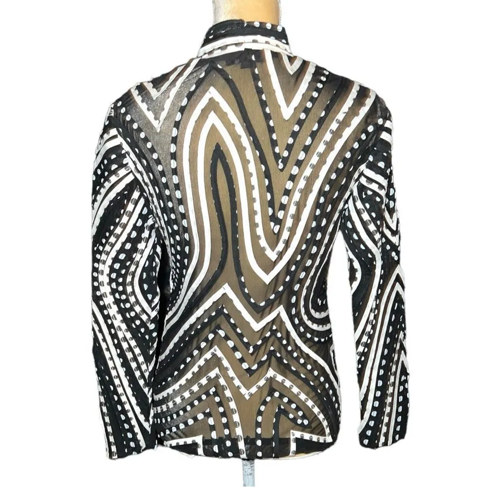 Peck & Peck awesome semi sheer black zip front jacket with white abstract design - Image 7
