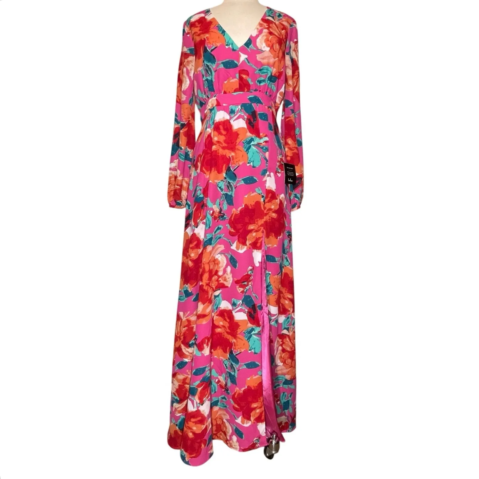 NWT LULUS Women’s Boho Carolita Magenta Floral Long Sleeve Maxi Gown - Image 4