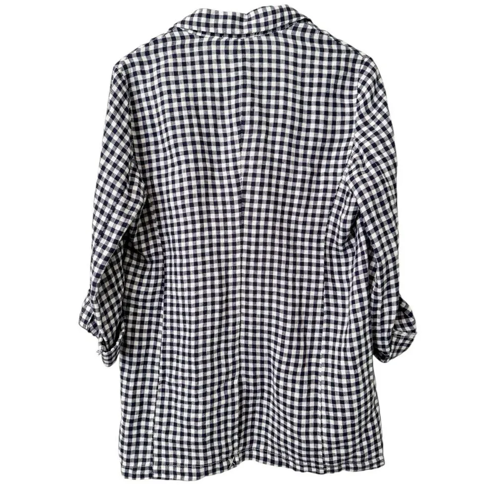 Cynthia Rowley Blue Linen Gingham Plaid Oversized Blazer Medium - Image 2