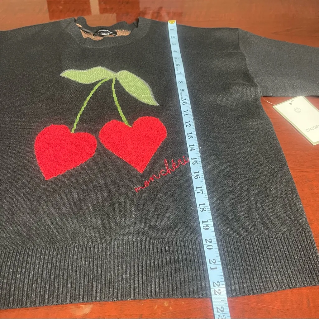 Anthropologie Calligraphie Black Novelty Sweater Red Cherry Design Sequins Sz L Size L - Image 5