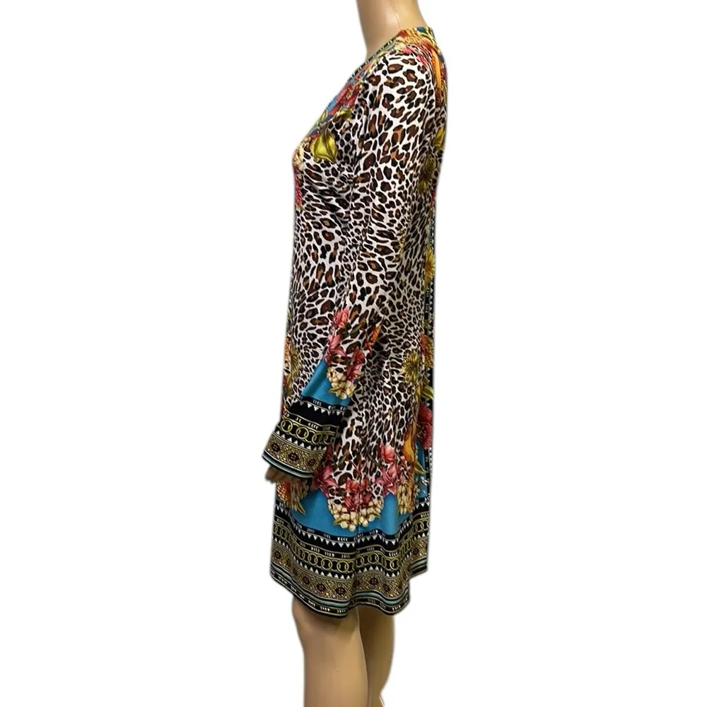 Hale Bob Exotic Multicolor Long Sleeve Animal Floral Chain Print Dress Womens M - Image 8