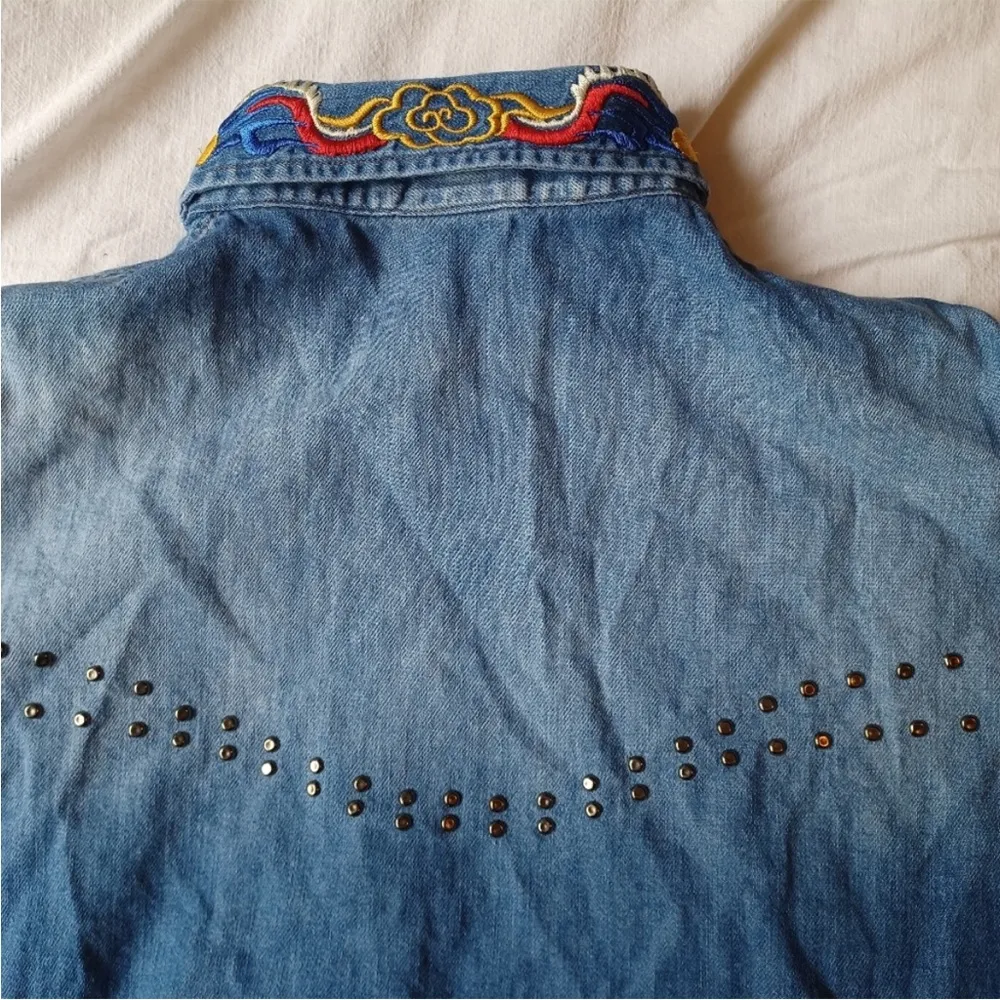Vintage Just Cavalli Denim Button-Up Shirt with Embroidered Collar and Studs - Image 7