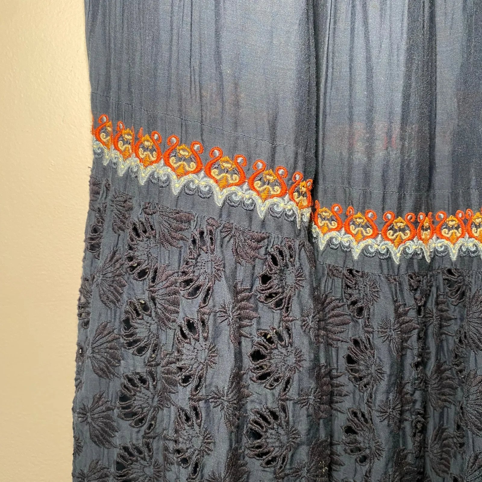 Johnny Was Jade Navy Blue Embroidered Puff Sleeve Midi Dress Women's size Small - Image 6