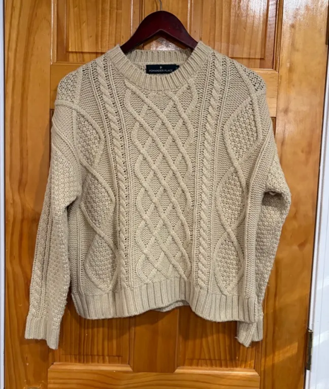 Pomander Place Cable Knit Fisherman Sweater XS Oatmeal Beige Chunky Crew - Image 1