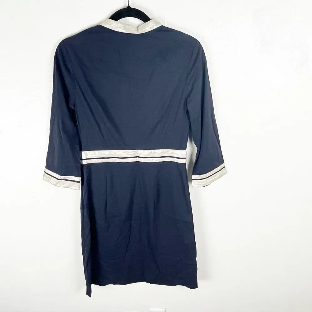 TORY BURCH Megan Navy Blue Silver Trim 3/4 Sleeves V-Neck Kaftcan Dress, Size 2 - Image 2